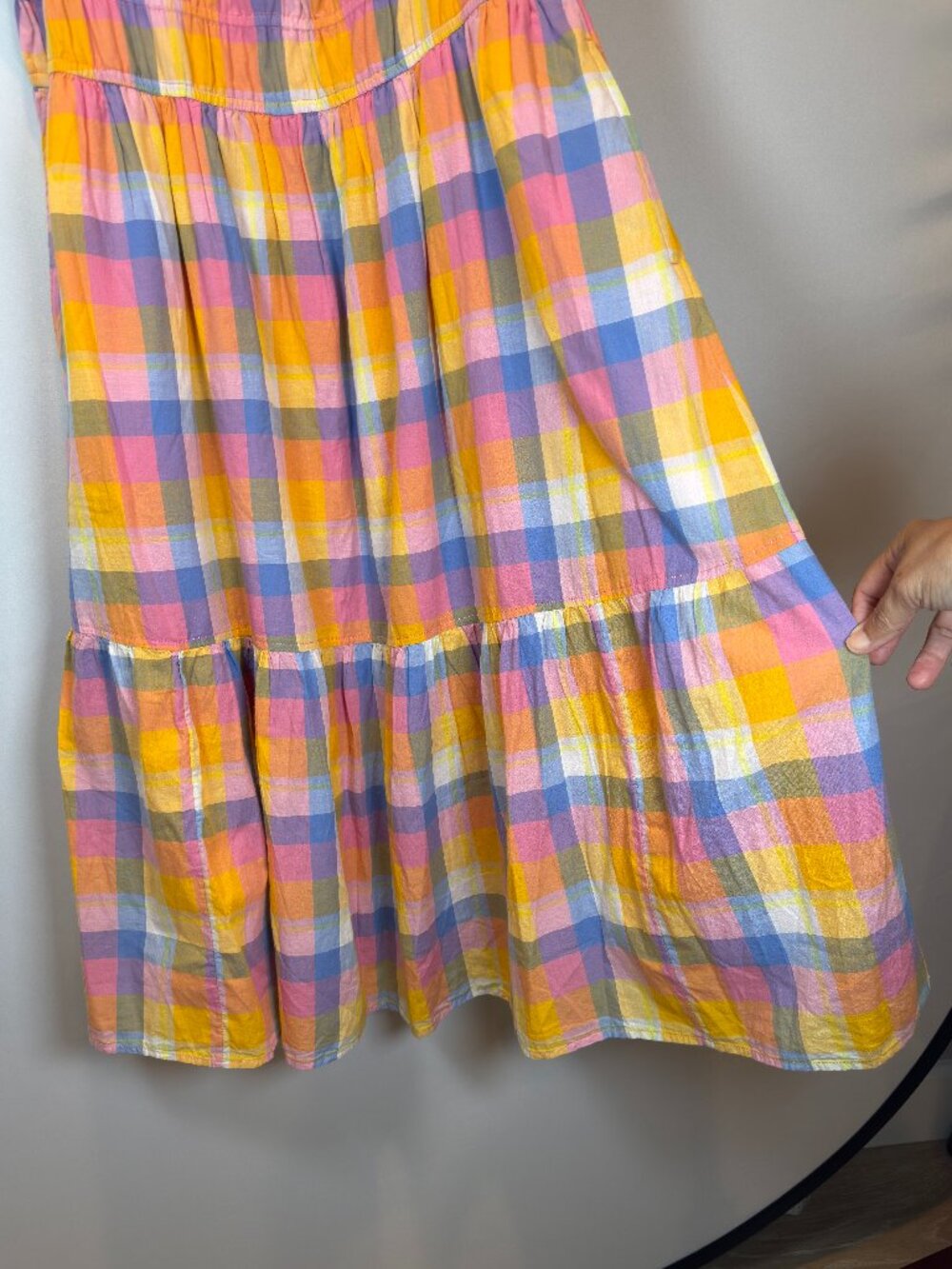 Free Assembly XXL Cotton Pastel Plaid Tiered Sundress Tie Straps Lined Pockets - Picture 4 of 14